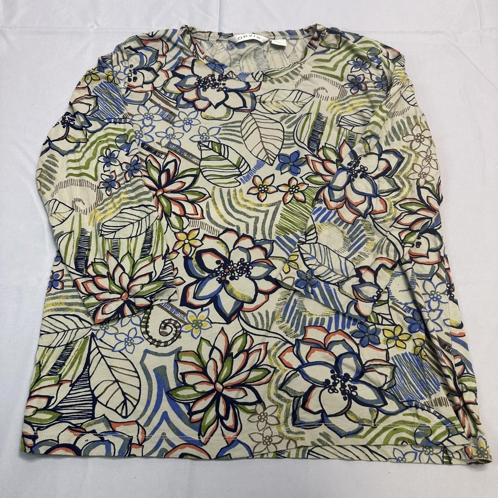Orvis Shirt Womens Medium Multicolor Floral Boho Springtime Cotton Made USA